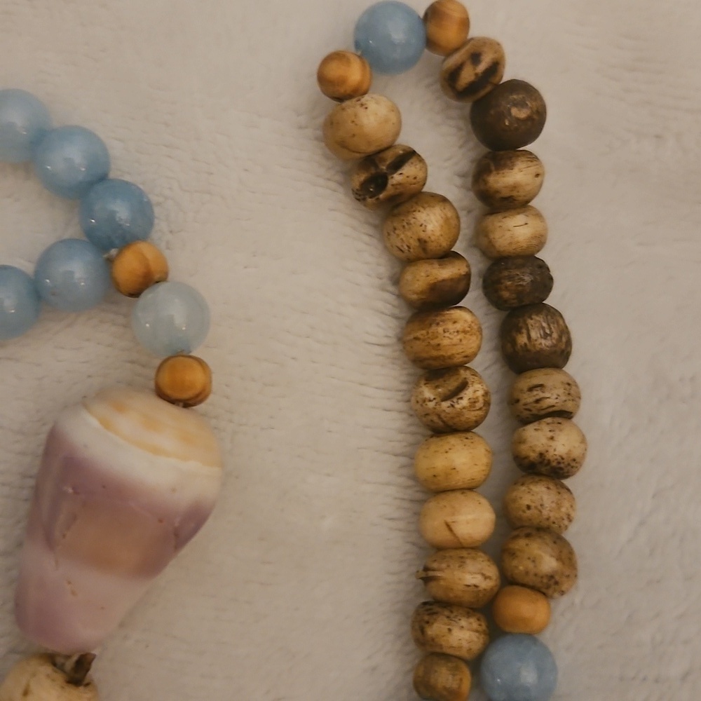HANDMADE Jasper and Blue Quartz Beaded Shell Olive Wood Cross Prayer Rope - Picture 9 of 12